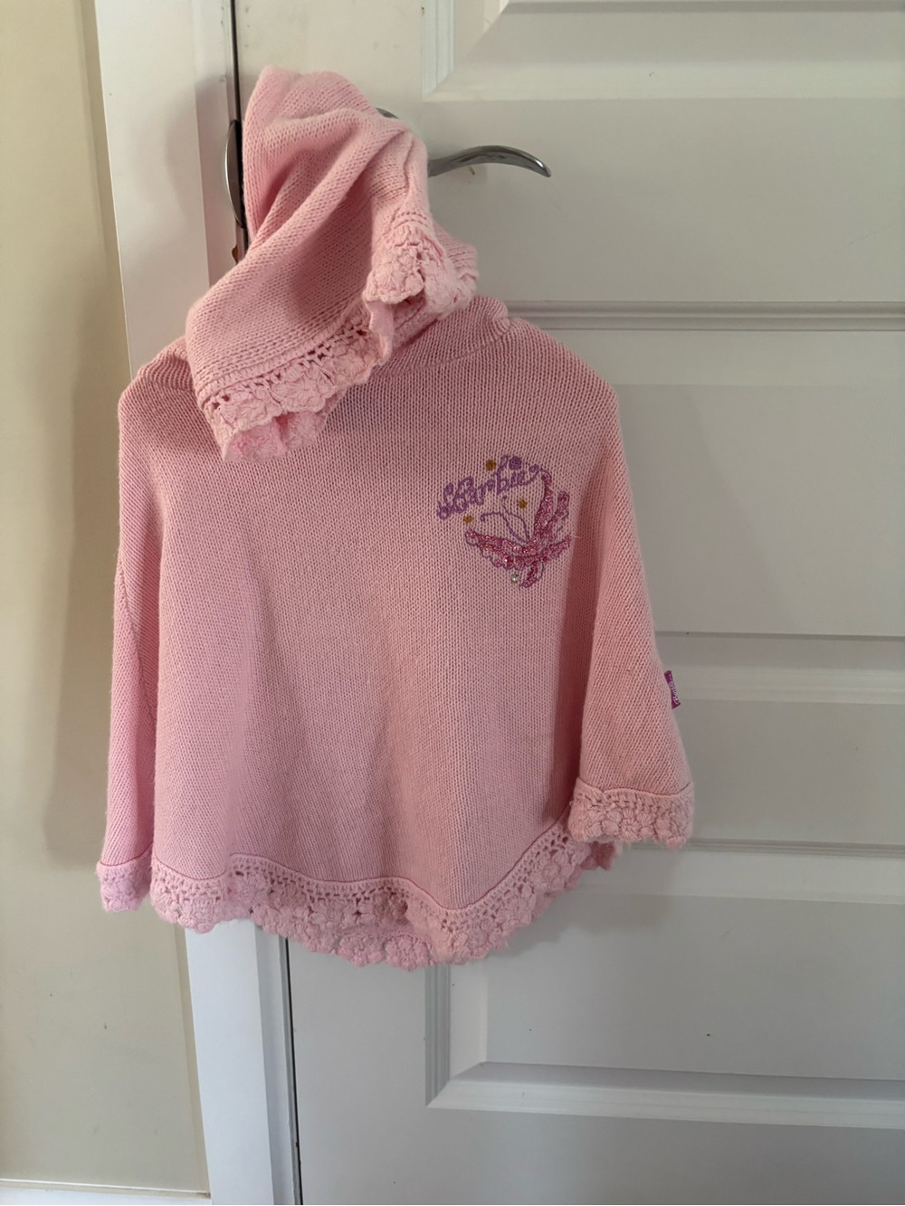 Pink Hooded Knit Barbie poncho with Butterfly Detail Size 4